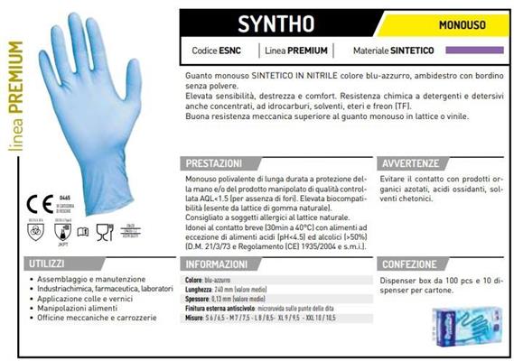 GUANTI MONOUSO SYNTHO NITRILE AZZURO MIS. M CF.100 PZ.