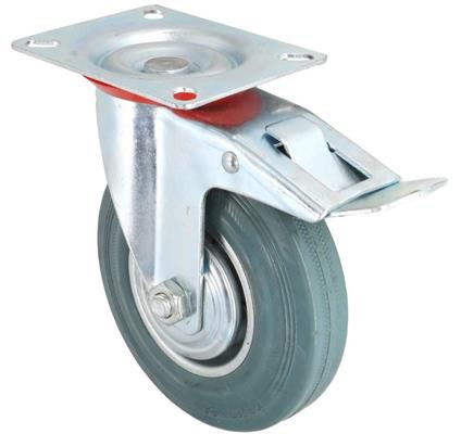 RUOTA IND.IN GOMMA GRIGIA MM 125 C/PIASTRA GIREVOLE C/FRENO
